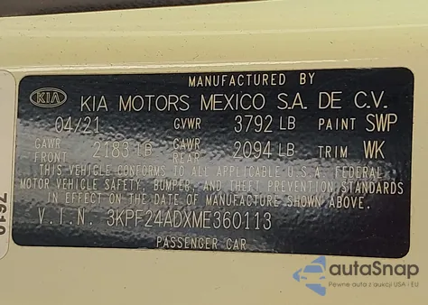 2021 Kia Forte Lxs from USA, damaged, VIN 3KPF24ADXME360113